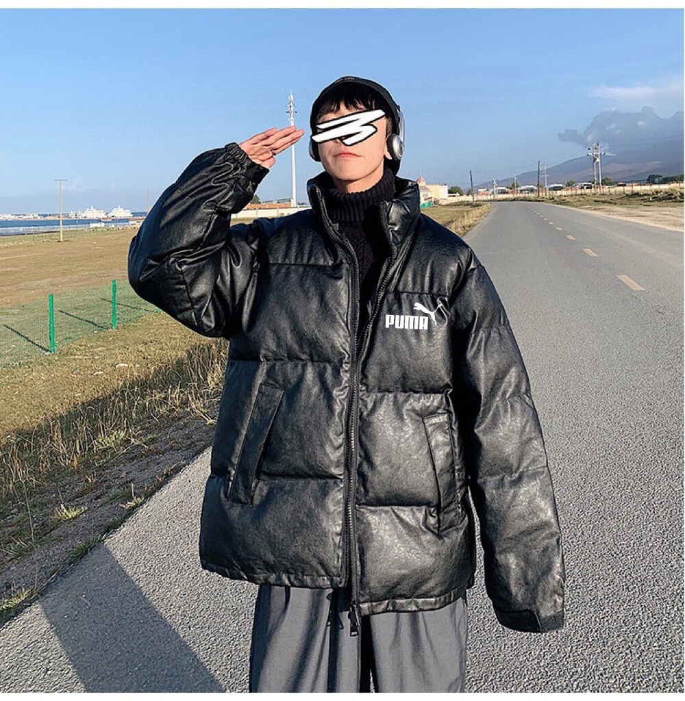 PUMA/彪马----PU皮立领机车羽绒棉服外套  INS爆火  情侣款  进口质感PU皮面 保暖厚实  不开裂不掉皮  500g纯手工手塞