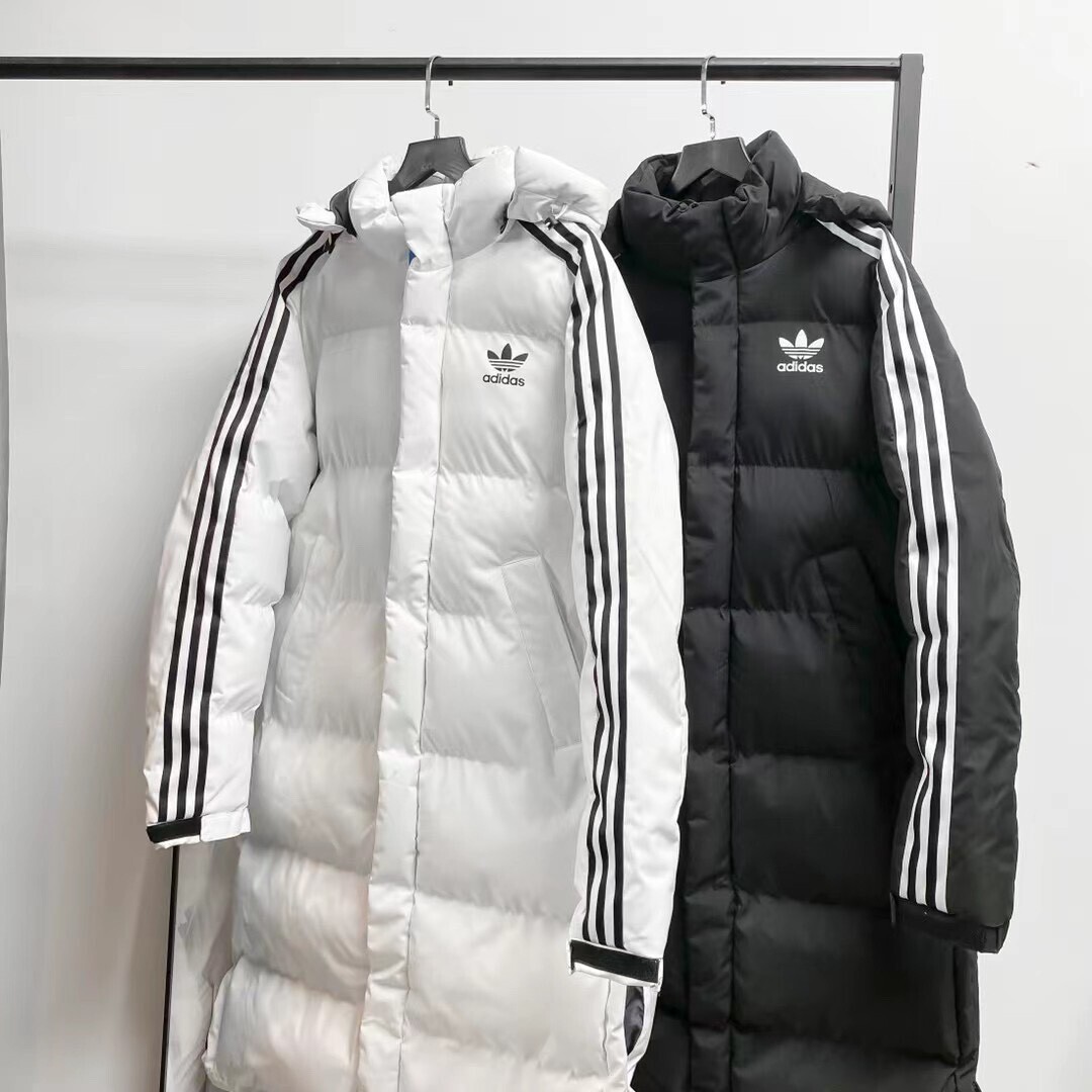 Adidas阿迪达斯三叶草专柜小logo印花三杠连帽加厚羽绒长款棉服暖冬必备推送专柜同款聚酯纤维高密生物面料 客供1:1织带  内里填充重磅加厚羽绒棉