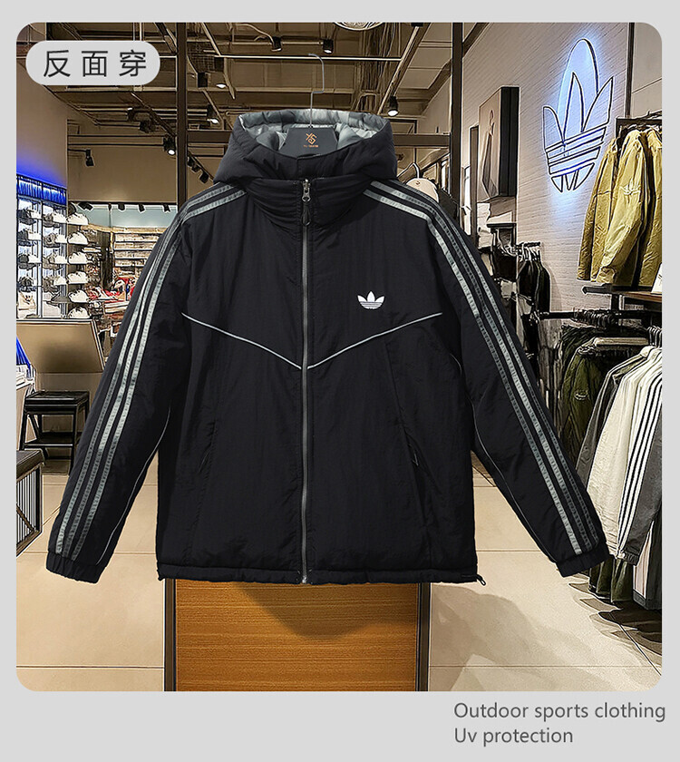 阿迪达斯三叶草25冬季新款专柜同款男士休闲运动  保暖棉衣棉服【材质】(绣花，三标一致塔斯隆，涤纶印花)  【款号】3745双面穿棉衣绣【颜色】黑色  灰色【尺码】S_2XL
