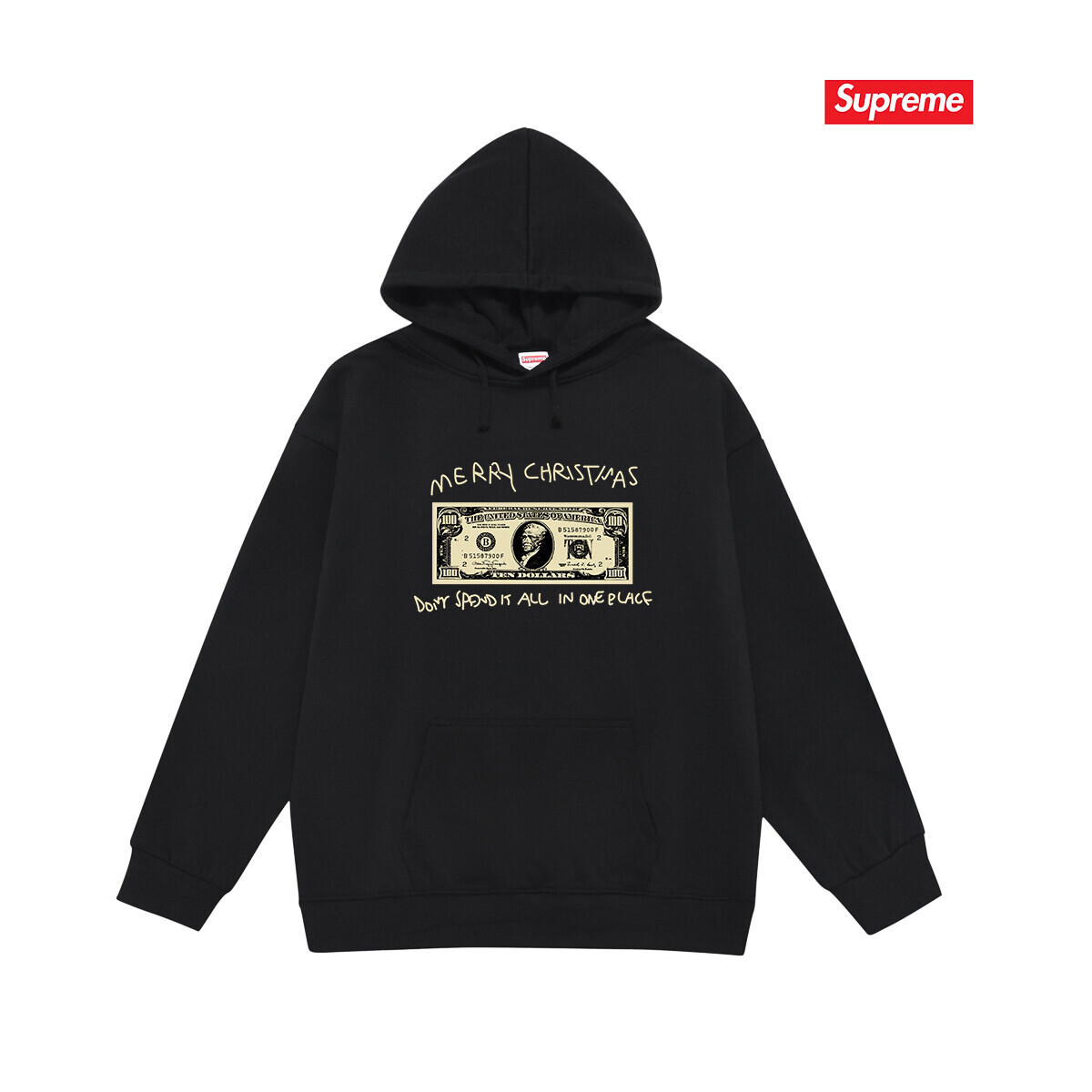 纯棉华棉350克Supreme 21FW SPEND IT TEE美金圣诞印花 连帽卫衣面料 质感柔软不起球 进口环保印花胶浆 图案鲜明立体 品质男女同款 上身即是潮人颜色：黑色 白色 灰色