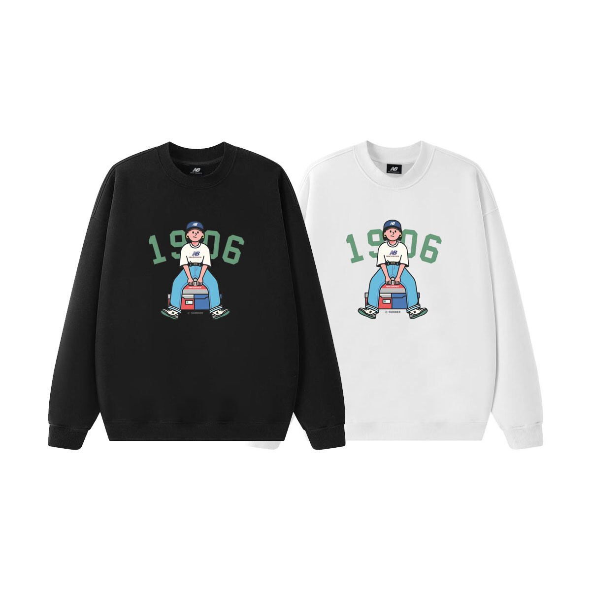  纯棉华棉350克 美式复古休闲纯色字母印花NB胸前1906LOGO圆领毛圈卫衣男女同款 颜色： 白色 黑色