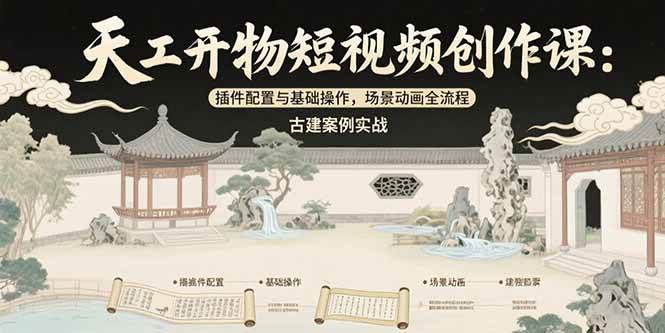 天工开物短视频创作课，插件配置与基础操作，场景动画全流程，古建案例实战