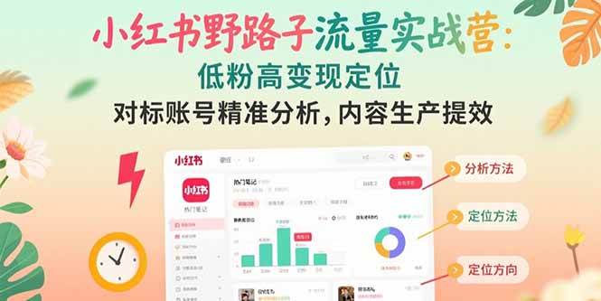 小红书野路子流量实战营，低粉高变现定位，对标账号精准分析，内容生产提效