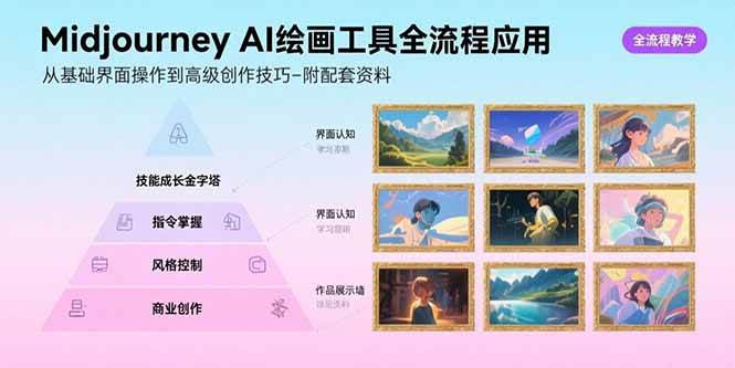 Midjourney AI绘画工具全流程应用，从基础界面操作到高级创作【附配套资料】