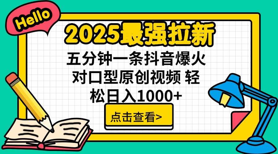 2025最强拉新，单用户下载5块佣金，5分钟一条抖音爆火原创对口型视频，轻松日入1000+