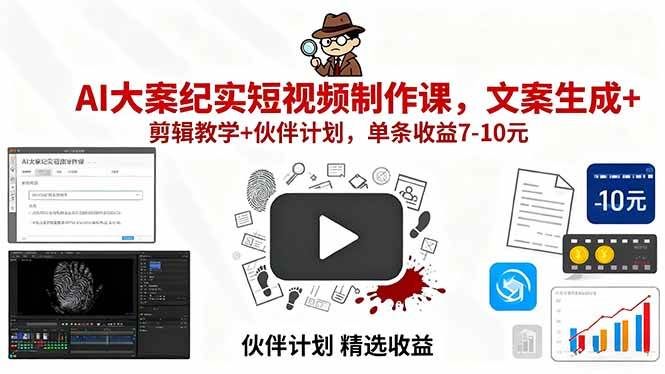 AI大案纪实短视频制作课，文案生成+剪辑教学+伙伴计划，单条收益7~10元