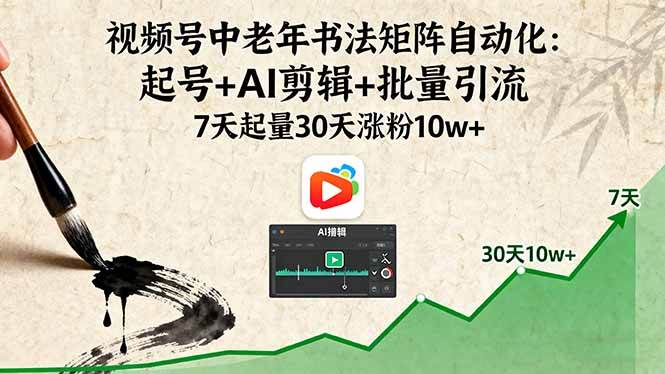 视频号中老年书法矩阵自动化：起号+AI剪辑+批量引流，7天起量30天涨粉10w+