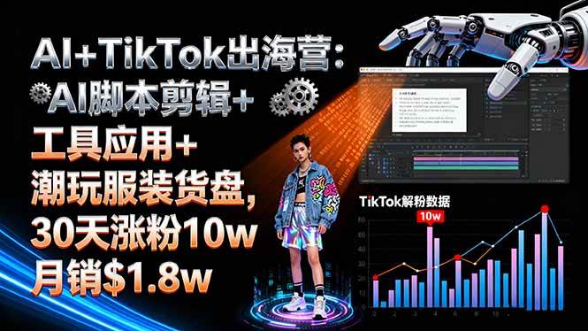 AI+TikTok出海营：AI脚本剪辑+工具应用+潮玩服装货盘，30天涨粉10w月销$1.8w+