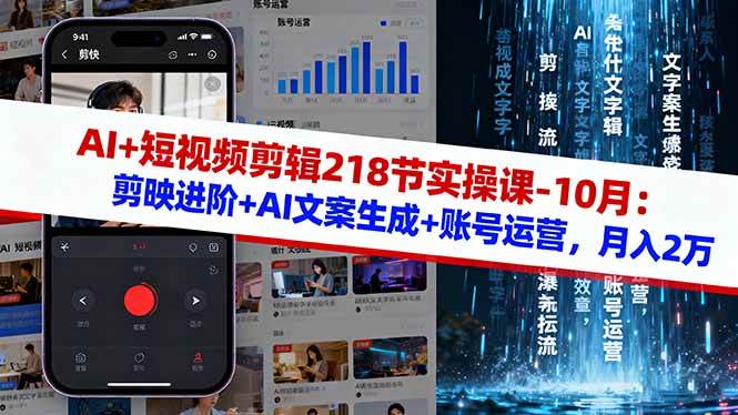 AI+短视频剪辑218节实操课-10月：剪映进阶+AI文案生成+账号运营，月入2万+