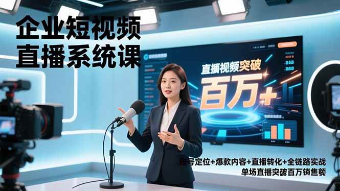 企业短视频直播系统课，账号定位+爆款内容+直播转化+全链路实战，单场直播突破百万销售额