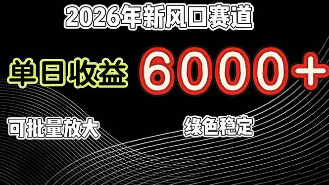 2026年新风口赛道，当日6000+以上，可批量放大，月收入20万+，长期绿色稳定的项目